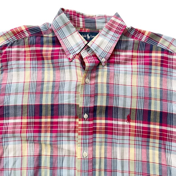 VTG Ralph Lauren BLAKE Cotton Plaid Button Down Shirt S/S Lightweight Soft Sz L - Picture 1 of 9